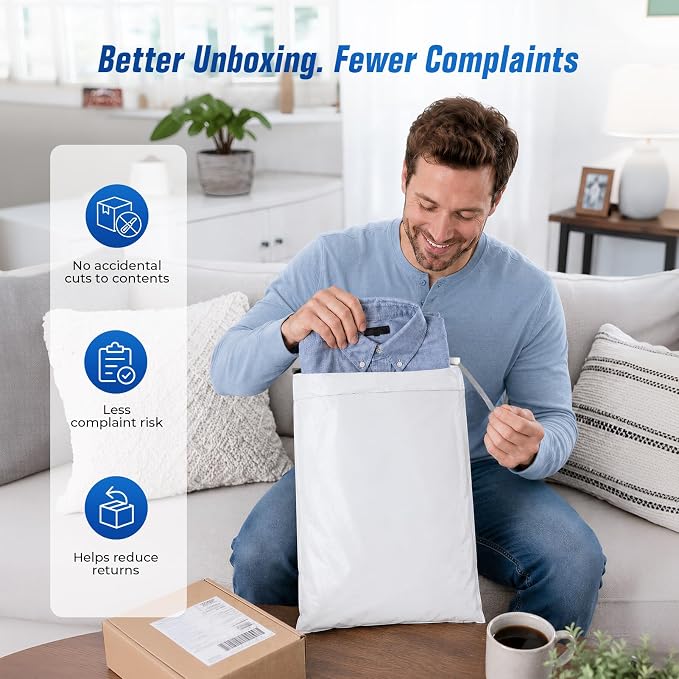 Fuxury Poly Mailers 12x15.5 100PC (Upgraded Version) Shipping Bags for Clothing with Easy-Open Tear Strip & Hangable for Easy Use, Self-Seal Shipping Envelopes Mailing Bags for Small Business in White