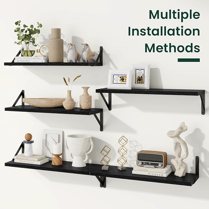 Floating Shelves 8 Inch Deep, 24W x 8D Wall Shelf Set of 2, 50 lbs Heavy Duty Reversible Metal Brackets, Industrial Book Shelf for Living Room Kitchen Bathroom Bedroom Gallery Wall, Black