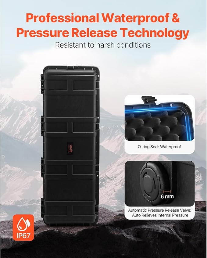 VEVOR Weatherproof Hard Case, Heavy Duty Protective Dry Box Case with Pre-Cut Foam Retractable Pull Handles for Travel, Hunt, Military, Tactical, IP67 Waterproof, for Cameras(44.09 * 15.94 * 13.46)