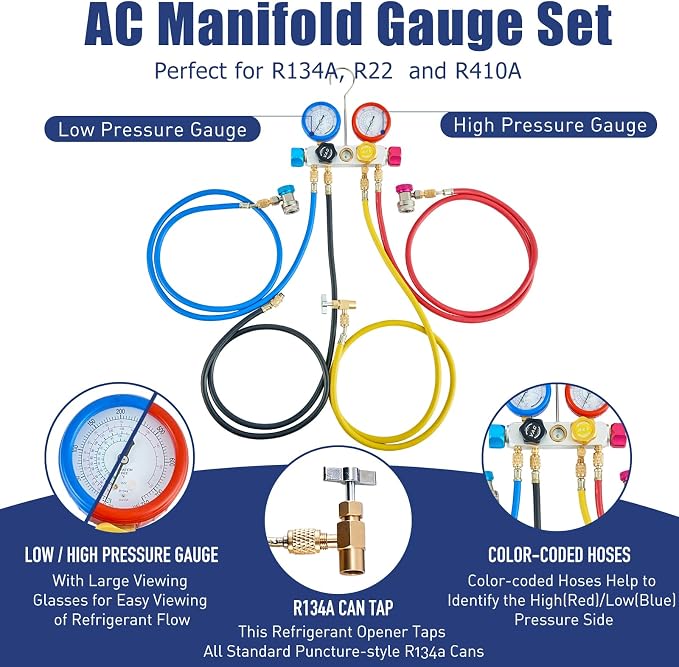 BACOENG 4CFM AC Vacuum Pump and Gauge Set, 4 Way HVAC Vacuum Pump Kit for R134a R410a R22 Refrigerants AUTO/Mini Split Vacuum System, with R134a Car Quick Couplers, Can Tap and 4 Hoses