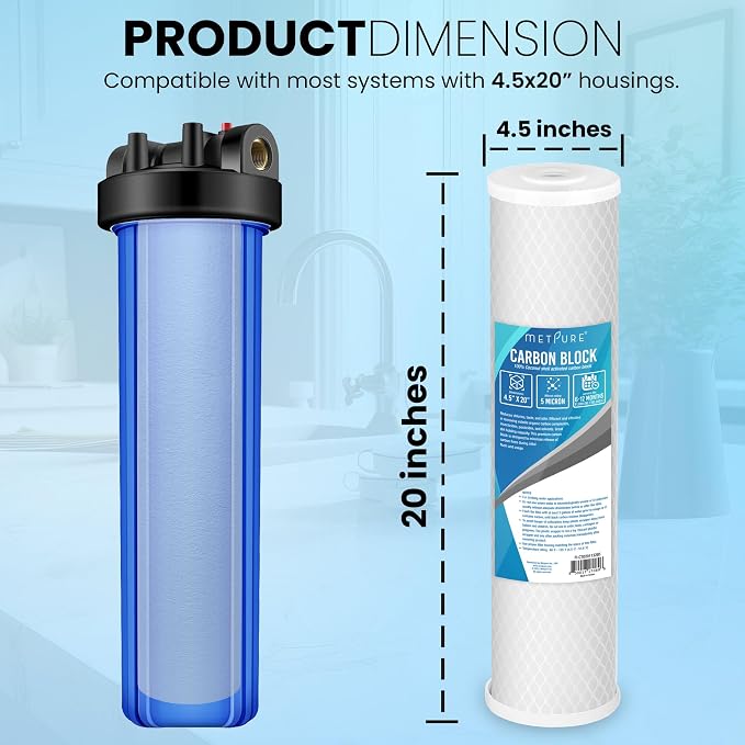 Metpure Universal 5 Micron 20” x 4.5” Whole House Carbon Water Filter Cartridge Replacement - Coconut Shell Carbon Block CTO. Compatible with Pentek, iSpring, and more. 1-Pack