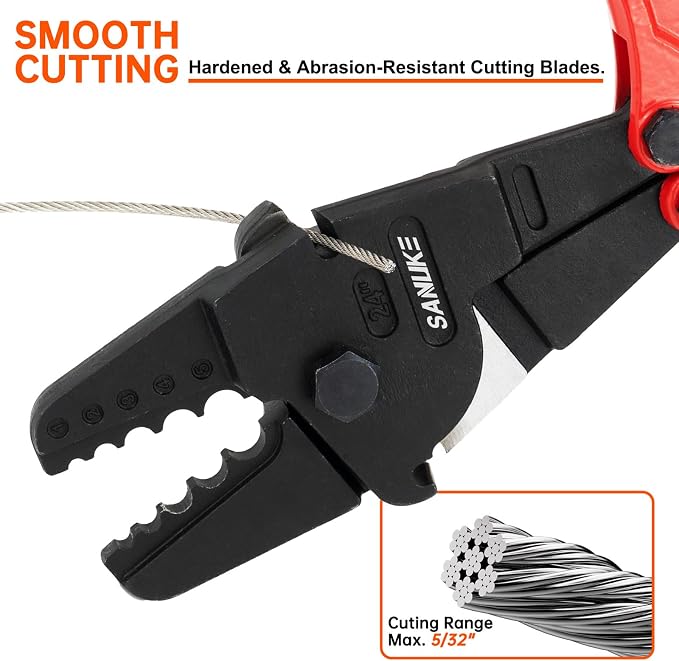 Sanuke 24 Inch Hand Swaging Tool, Wire Rope Crimping Tool 5 Cavity 1/16" 3/32" 1/8" 5/32" 3/16", Crimping and Cutting Combo Cable Crimper, Hand Swager Tool