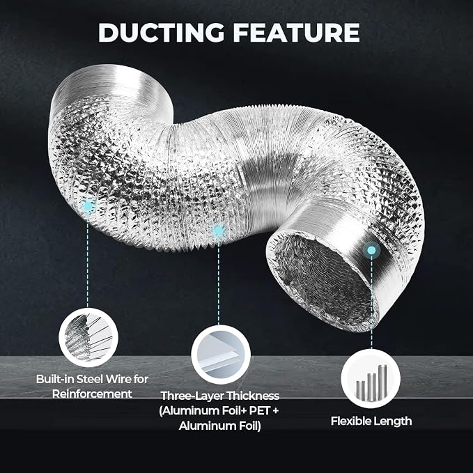 Simple Deluxe 14 Inch 25 Feet Ducting, Non-Insulated Flex Air Aluminum Foil Duct for Dryer Vent Hose, Heating, Cooling, Ventilation, Exhaust, 2 Clamps Included, Silver