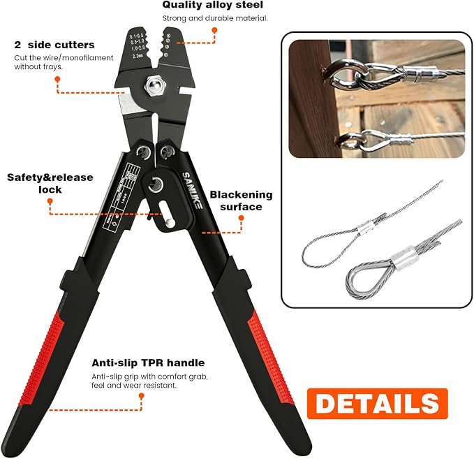 Sanuke Wire Rope Crimping Tool for 3/64 5/64 1/16 Wire Rope with 3 Sizes Stainless Steel Cable, 150pcs Crimping Loop Sleeves, 10pcs Thimbles and A Portable Bag