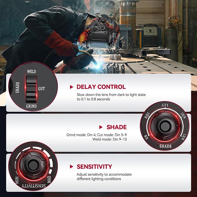 ARCCAPTAIN Large Viewing Screen 3.93"X3.66" Welding Helmet, True Color 1/1/1/1 Solar Power Auto Darkening Welding Hood with 4 Arc Sensor, Wide Shade 4/5-9/9-13 for TIG MIG ARC, Skeleton