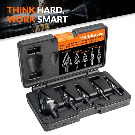 THINKWORK Four Spiral Flute Step Drill Bit Set (Metric), 5 Pcs HSS Step Drill Bits (4mm-35mm) Unibit Step Drill Bit, 6mm and 10mm Shank Step Bits for Aluminum, Wood, Plastic, Metal