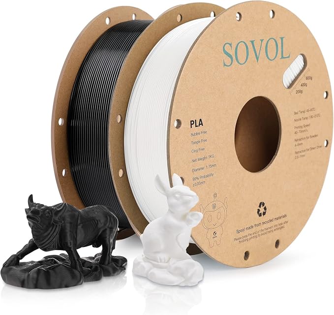 Sovol PLA 3D Printer Filament 2kg (4.4 lbs) Spool Printing Materials, Wiring Tightness, Dimensional Accuracy +/- 0.03 mm, 1.75 mm, Black+White
