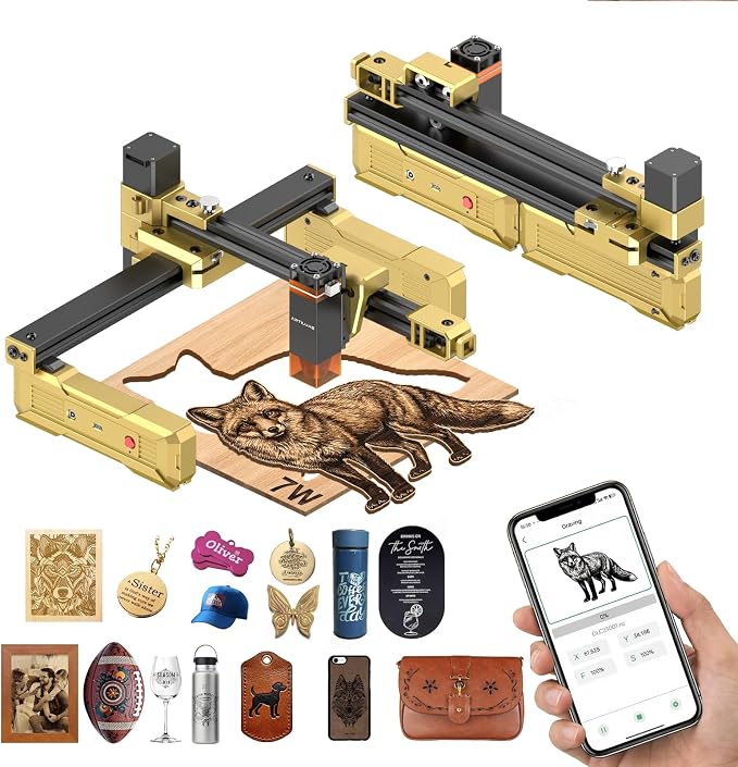 Artilume Laser Engraver Portable Laser Cutter APP-Control Foldable Laser Engraving Machine for Small Business 200x150mm Working Area for Wood Leather Acrylic Coated Metal–DIY & Crafting T1-7000mW