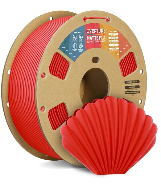 OVERTURE Matte PLA 1.75mm, Low Warp & Smooth Finish 3D Printer Filament | Frosted Matt Finish Hides Layer Lines, 1kg Spool (2.2lbs) Cardboard Spool, Fit Most FDM Printer (Matte Red)