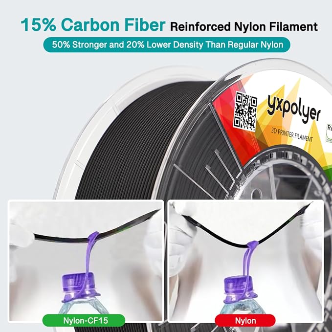 YXPOLYER Carbon Fiber Nylon Filament 3D Printer Filament PA6-CF Filament 1.75mm 1kg with PC Spool, PA6 CF 3D Printing Filament