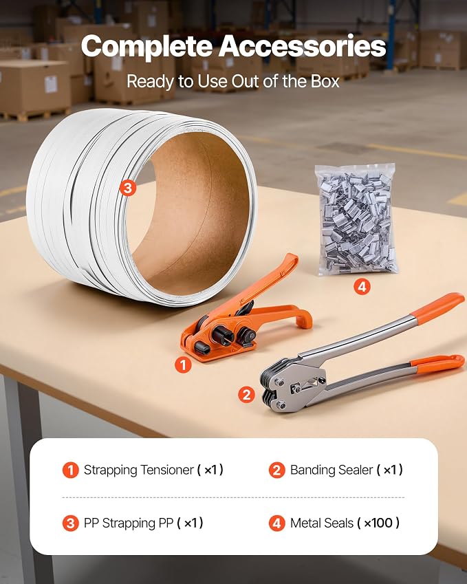 VEVOR Banding Strapping Kit, Heavy Duty Banding Sealer Tool with 330 ft Length PP Band, 100 Metal Seals, Plastic Manual Pallet Packaging Strapping Kit for Warehouse/Shipping/Moving/Home, Orange