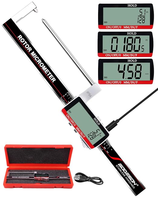 GODESON Brake Rotor Gauge, Rechargeable Digital Caliper 3.25-Inch ±0.03mm Accuracy, Stainless Steel Body, Large LCD Display with Hold, mm/inch/F Units, IP54, Measures Discs Without Removing Wheels