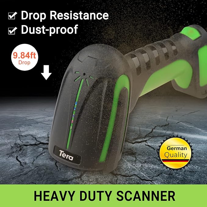 Tera Pro (Extreme Performance) Industrial Wireless Barcode Scanner 2D QR 1D Bar Code Reader 2.4G Wireless 2500mAh Compatible with Bluetooth Drop Resistant for Windows Mac Android iOS Model 8100 Green