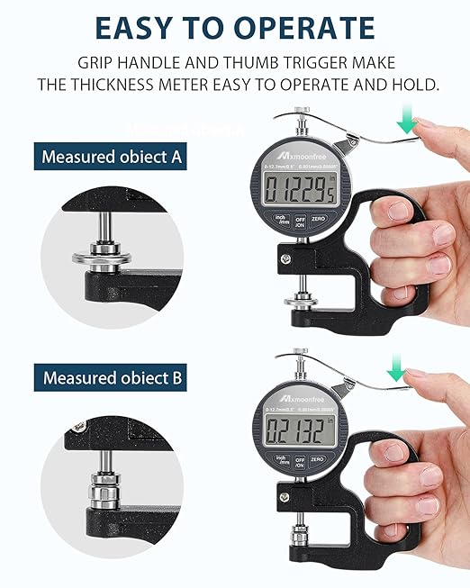 Digital Thickness Gauge 0-12.7mm/0.5inch 0.001mm High Resolution | Micrometer flat contact plates, 28mm throat depth, constant spring tension, unit conversion, storage case, battery included