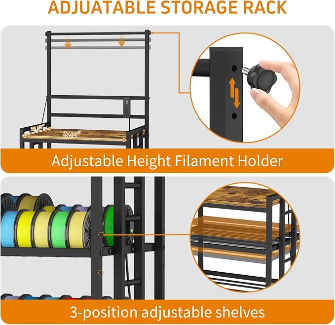 3D Printer Table with Filament Storage 3D Printer Stand with Power Outlet,Heavy Duty 3D Printer Desk for ABS, PLA, TPU Filament Spools, Home Offices and Studios Retro Brown