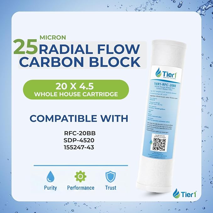 Tier1 25 Micron 20 x 4.5 Water Filter | Whole House Radial Flow Carbon Cartridge | Granular Activated Pre-Filter | Replacement for Pentek RFC-20BB, SDP-4520, RFC20-BB | 4.5 x 20 Water Filter (2pk)