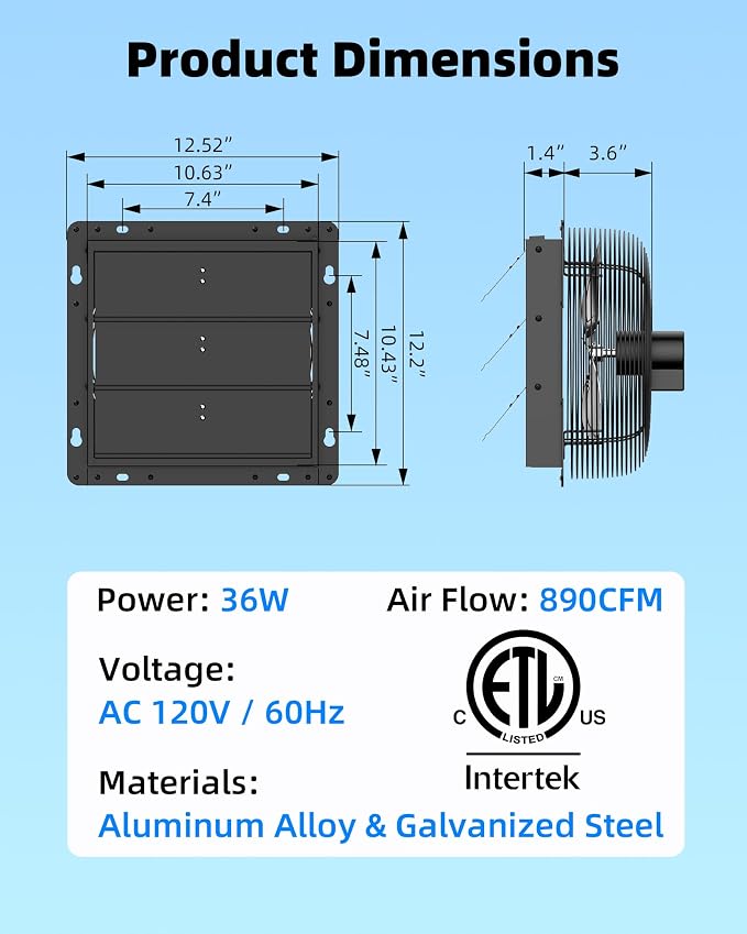 10'' Upgraded Shutter Exhaust Fan with Thermostat & Remote, 890 CFM Wall Mounted Attic Exhaust Fan, Auto On/Off by Temperature for Garage, Greenhouses, Sheds, Chicken Coops & Basement