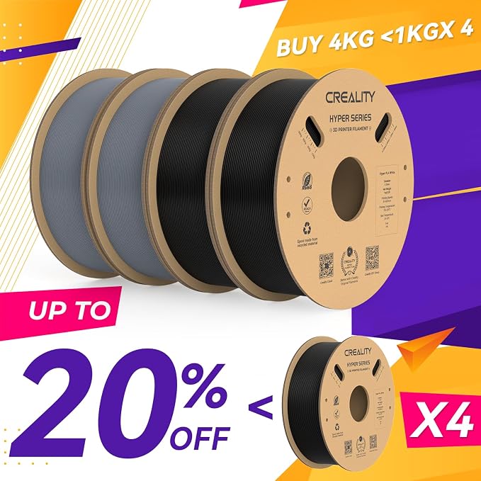 Creality Hyper PLA Filament 1.75mm, 30-600mm/s High Speed 3D Printer Filament, Dimensional Accuracy +/-0.02mm, Fit Most FDM 3D Printers, 4 Pack 1kg Spool(2.2lbs), Black & Grey
