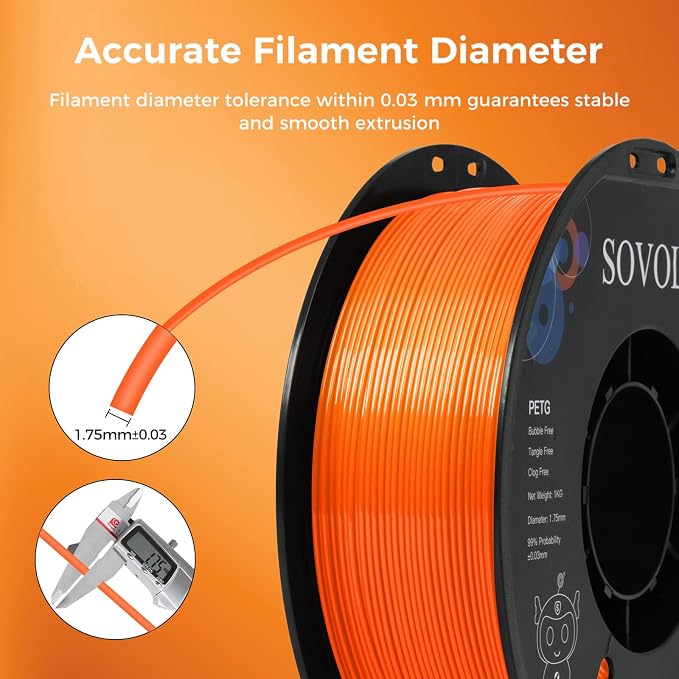 Sovol 3D Printer PETG Filament 1.75mm 1KG (2.2lbs), High Precision, Strong Toughness, Wiring Tightness, Dimensional Accuracy +/- 0.03 mm, 3D Printing PETG Filaments, Orange