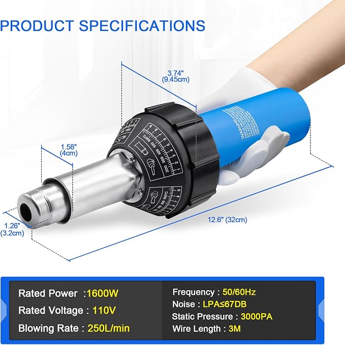 Hot Air Plastic Welder 1600W, Complete Accessories & Nozzles for Plastic Welding Roofing Kit 110V, Vinyl PVC TPO Roof Handheld Hot Air Heat Gun Plastic Welding Torch