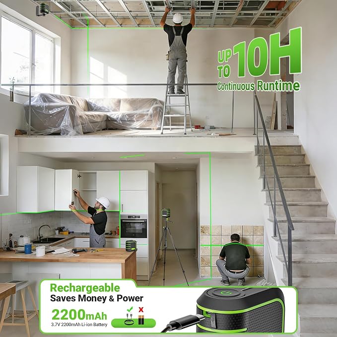 Laser Level with 60" Tripod, Rechargeable, Self Leveling Lazer Leveler Tool, Green Cross Lines,10H Runtime, Pulse Mode up to 165 ft, IP54 for DIY, Tile, Cabinet U011G, Fathers Day Dad Gifts