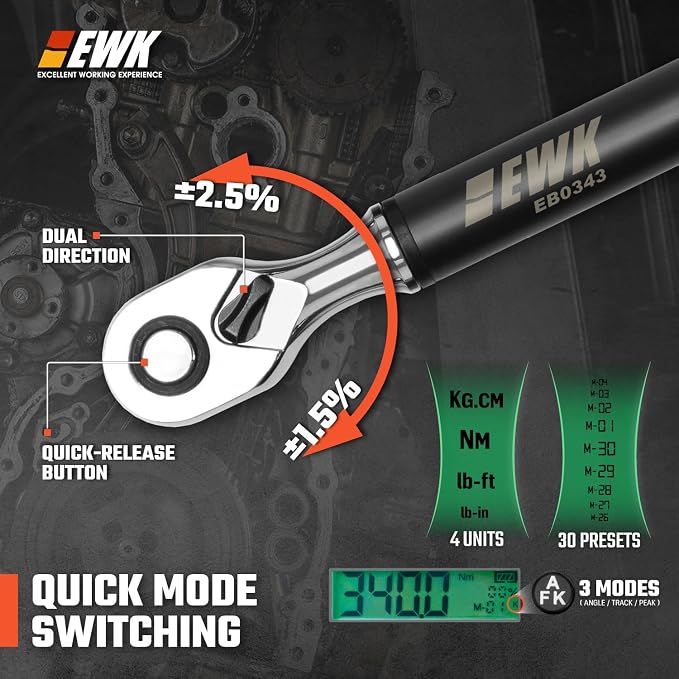 EWK 1/2" Drive Digital Angle Torque Wrench 12.5-250 ft-lbs (17-340 Nm) | ISO 6789, ±1.5% clockwise / ±2.5% counterclockwise/ ±2% Angle, LCD Display, LED Buzzer Vibration Alert, 30 Memory Values