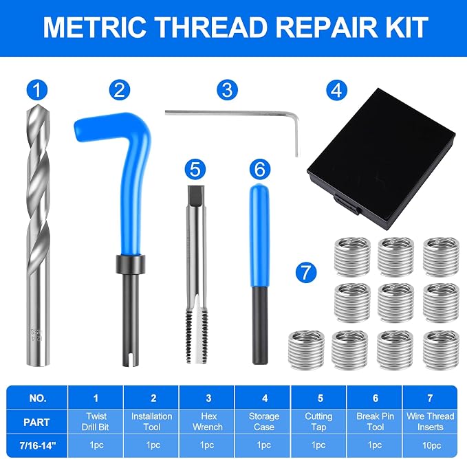 15PC SAE Helicoil Thread Repair Insert Kit, 7/16-14 inch Rethread | helicoil Thread Repair kit with HSS Drill Bits, Rethreading Inserts Tool Set for Damaged Thread Repairing with Carry Case