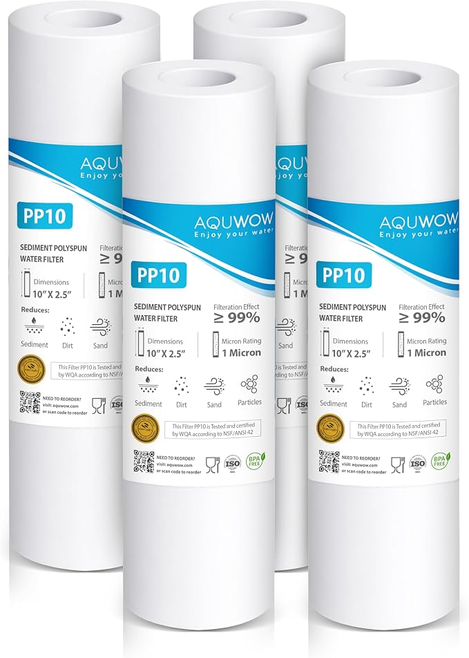 PP10 1 Micron 2.5" x 10" Polypropylene Filter Set – Replacement Cartridges for Whole House & Under-Sink Water Systems, Durable Sediment Pack (4, 10 x 2.5)