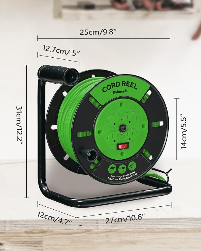 18W LED Work Light and Extension Cord Storage Reel with 4-Grounded Outlets Bundle, for Garage, Workshop, Car Repair Scene, ETL Listed J04WL06-J95CR06