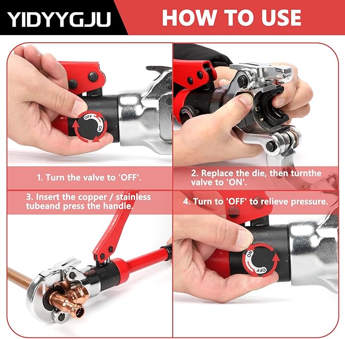 Hydraulic Copper Tube Crimping Tool with 3 Interchangeable Dies (1/2", 3/4", 1") Applicable to Stainless Steel and Copper Pipes, Ideal for Plumbing, HVAC, Refrigeration & Industrial Piping Projects