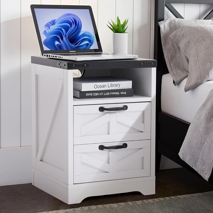 GarveeHome Farmhouse Nightstand -Night Stand White with Charging Station, Bed Side Tables Bedroom with 2-Drawer USB, Industrial End Table, Sturdy Engineered Wood (White with Drawer)