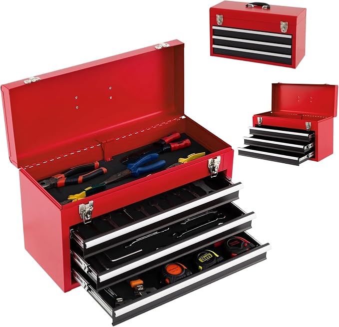 ERGOMASTER Portable Tool Box, Metal Tool Box with 3 Drawers, Lockable Heavy Duty Tool Chest Storage Toolbox for Garage, Workshop(Black+Red)