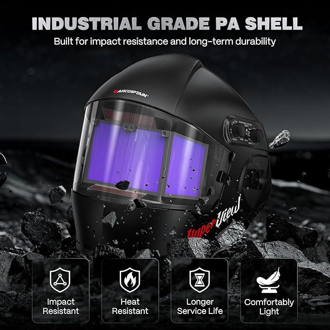 ARCCAPTAIN Auto Darkening Welding Helmet with Panoramic Side View, 6.22" x 2.8" Extra-Large Viewing Screen, 1/1/1/1 True Color Welding Hood, 4 Arc Sensors, Shade 3/4-8/9-13 for TIG/MIG/ARC/Cut/Grind