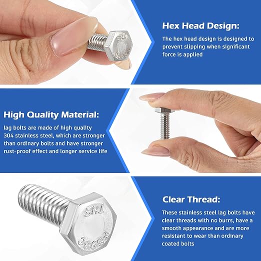 Zonon 50 Pcs 1/2-13 x 3/4" Hex Head Screw Bolt 18-8 (304) Stainless Steel Hexagon Bolts, Fully Threaded, Plain Finish, External Hex Drive (Silver)