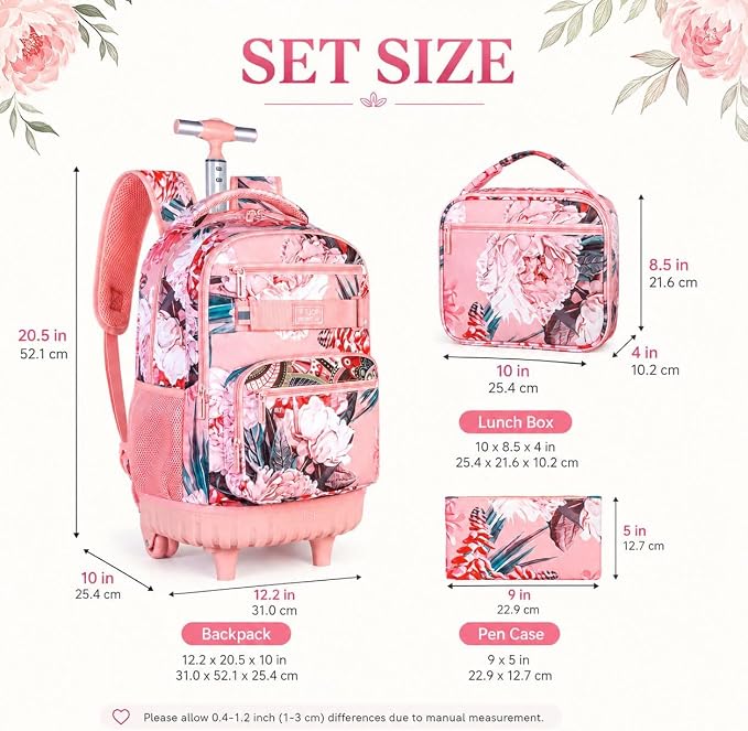 3Pcs Rolling Backpack for Girls Women, Travel Roller Backpacks with Wheels for Adults, Teens College Folwer Wheeled Bookbag with Lunch Box(Pink)