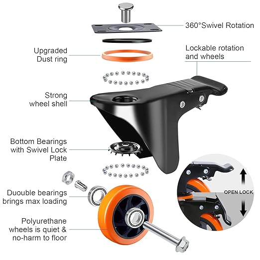 TAYLOON 4 Inch Caster Wheels Heavy Duty 2200lbs, Swivel Casters Set of 4 with Safe Dual Locking,Industrial Plate Casters, Locking Casters Wheels for Furniture,Workbench(Free Hardware Kit)