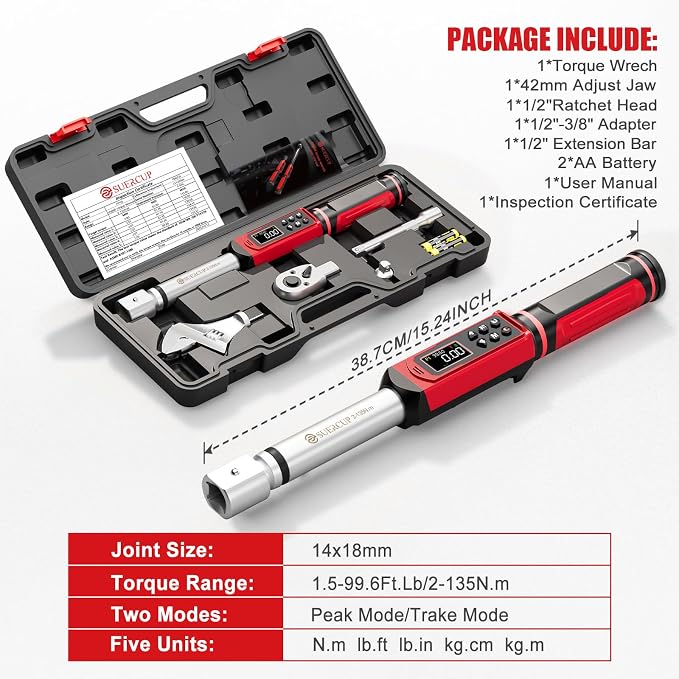 SUERCUP 1/2" Adjustable Digital Torque Wrench (1.5-99.6Ft.Lb/2-135N.m) | Interchangeable 14x18mm Head with 42mm Jaw & 1/2" Ratchet, Vibration, Buzzer & LED Flash, for HVAC, Flare Nut & Auto Repair