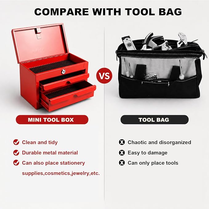 BIG RED Mini Steel Tool Box with Drawer, Small Metal Tool Box Organizer | Lockable Top Storage, Multi-Purpose Portable Tool Box Organize for Desk, Home, Garage, desk or Workbench, Red