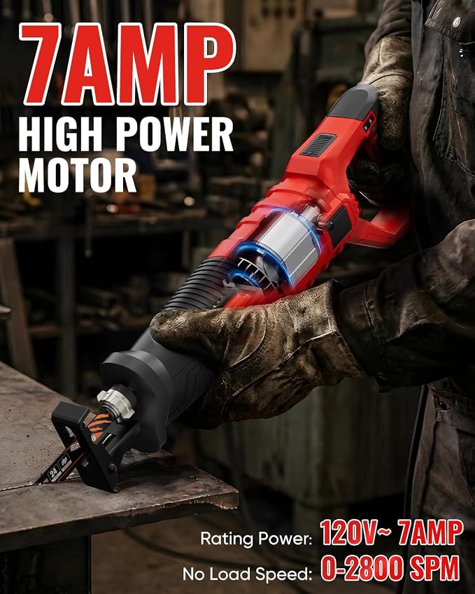 7 Amp Corded Reciprocating Saw for Wood, Metal, PVC & Tree Pruning, 1-1/8" Stroke Length & 2800 SPM, 6-Speed Dial, 180° Rotating Handle, Adjustable Pivoting Front Shoe, 6 Blades & Bag Included