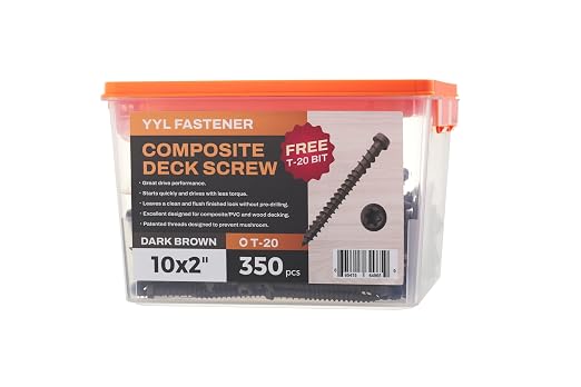 Coated Composite Deck Screws #10 x 2, Self Tapping Wood Screws and Deck Screws with Torx T20 Star Drive, Type 17 Point, Flat Head, 1 Free Bit Included (Dark Brown, 350), by YYL FASTENER