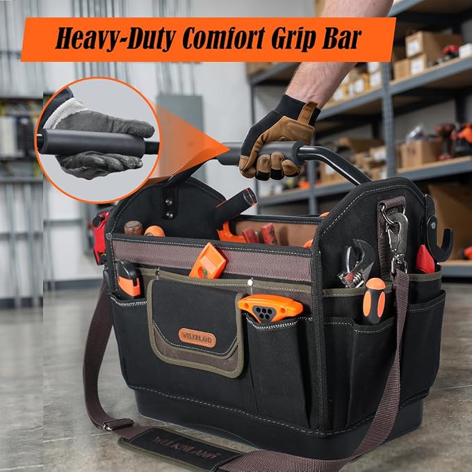 WELKINLAND 16'' Hard-Bottom Tool Tote, 32-Pocket Electrician Tool Bag, Waxed-Canvas HVAC Bag, Stay-Up Open Top Tools Tote, Quick-Access Totes For Electrician, Heavy-Duty Tools Bags For Men