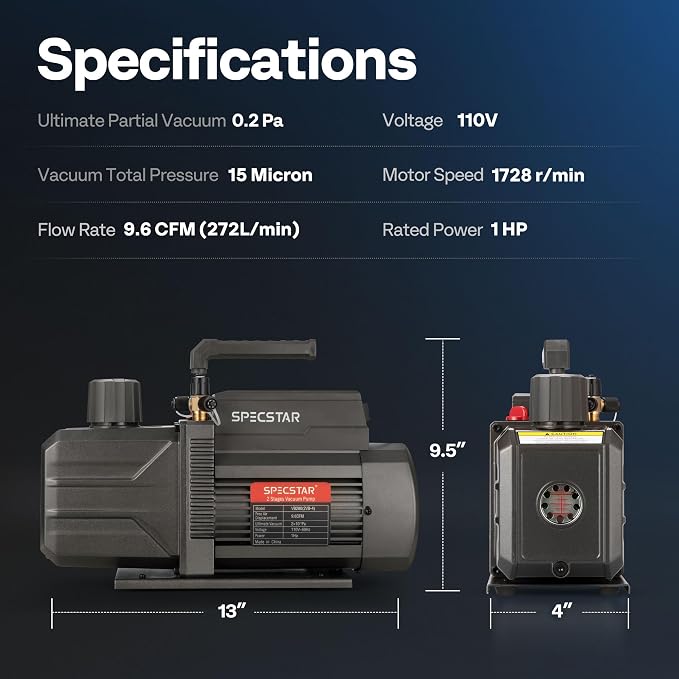 SPECSTAR 110V 1 HP 9.6CFM Dual Stage HVAC Vacuum Pump and 4 Way AC Manifold Gauge Set Kit with Leak Detector 5ft Hoses for R134a R12 R22 R502 R410a Air Conditioning Refrigeration Recharging