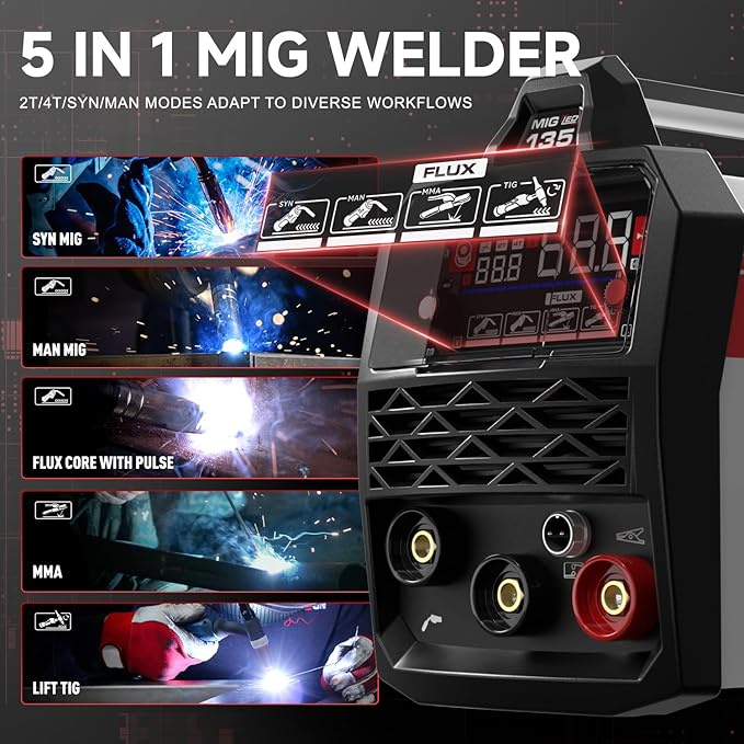ANDELI 110V/220V MIG Welder 135A, PULSE Flux Core MIG/Lift Tig/Stick 3-in-1 Gasless MIG Welding Machine with Synergy，Large LED Display,2T/4T Full Kit (Bonus Welding Helmet & Gloves)