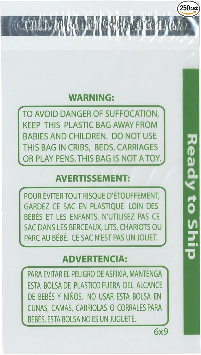 Plymor Ready to Ship 1.5 Mil Wicketed Poly Bags with Permanent Adhesive Strip and Suffocation Warning, 6" x 9" (Pack of 250)