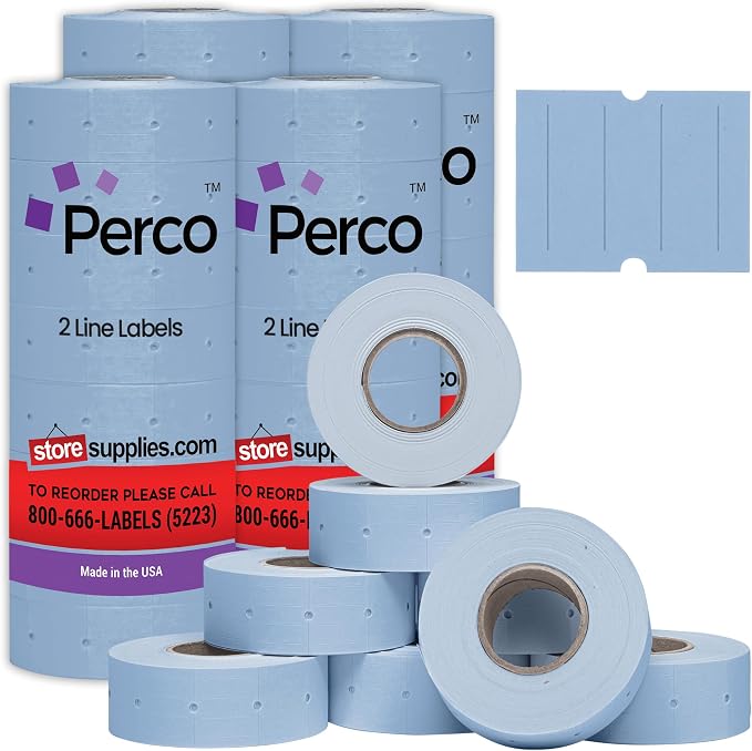 Perco 2 Line Blue Labels - 24,000 Blank Price and Date Gun Labels for Perco 2 Line Price and Date Guns - 32 Rolls, 4 Sleeves - Made in USA