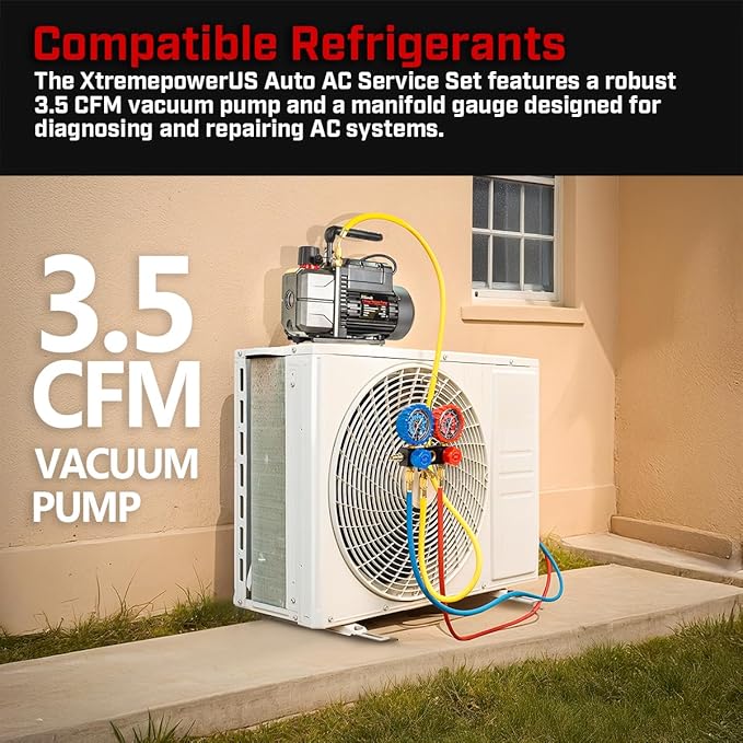 XtremepowerUS 1/3 HP 3.5CFM Single Stage A/C Vacuum Pump and AC Manifold Gauge Kit, for R32, R134a R22 R410a Systems, HVAC Air Conditioning Refrigeration Recharging Can Tap