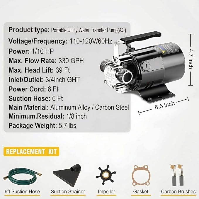 Trupow Water Transfer Pump, 115V 1/10HP 330GPH Electric Utility Water Pump with 6ft Water Hose Kit, Portable Small Water Pump For Pool Draining, Removing Water From Rain Barrel, Aquariums, etc.