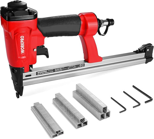 WORKPRO Pneumatic 20 Gauge Staple Gun, Oil-Free T50 Upholstery Stapler with 1260pcs 1/4" to 5/8" Staples, Extended Magazine, 200-count Staple Capacity, for Carpentry, Woodworking and DIY Projects