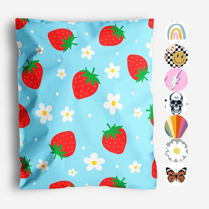 10x13 Poly Mailers – Summer Strawberries – Waterproof, Tear-Resistant Shipping Bags with Adhesive Seal – 100 Pack – Package Mint