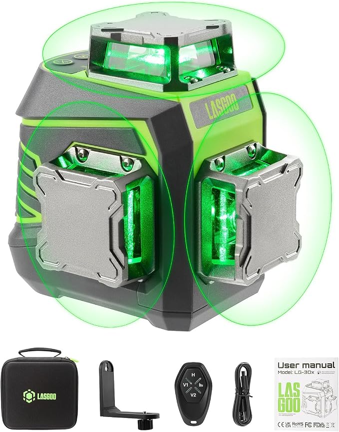 LasGoo Laser Level 3x360° Self Leveling, 3D Green Cross Line Laser for Construction and Picture Hanging,LasGoo LG-REC01 Laser Receiver for Laser Level
